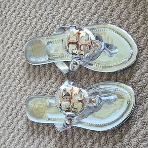 Like new, Tory Burch silver and gold metallic flip flops, Size 8